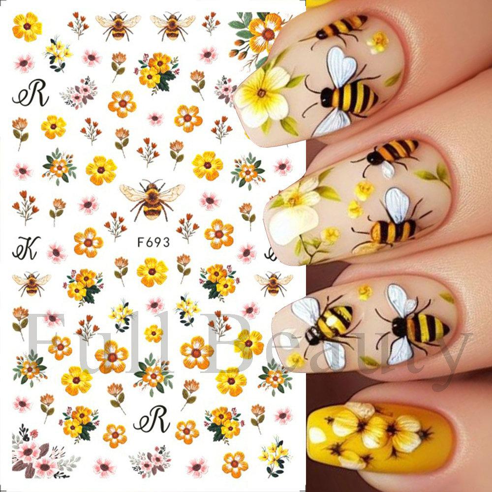 Nail Art Sticker Ins Small Fresh Yellow Flower Bee Chrysanthemum Back Glue Nail Sticker