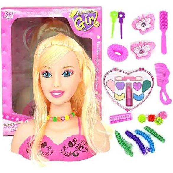 Makeup Pretend Playset for Girls - 17Pcs Hairdressing Styling Head Doll Makeup Toy Educational Toy Gift -B