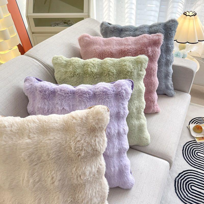 Pernă decorativă pătrată Nordic din blană artificială de iepure – Husă de pernă de lux culoare crem