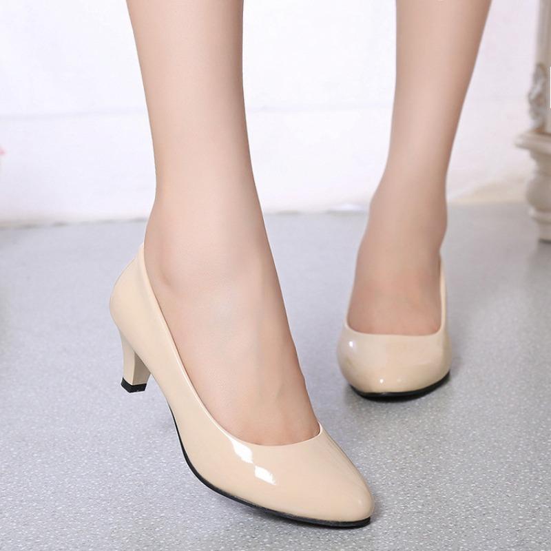 New Black Round Head High Heels Slim Heel Shallow Mouth Single Shoes Women's Professional Large Size Work Leather Shoes Tide