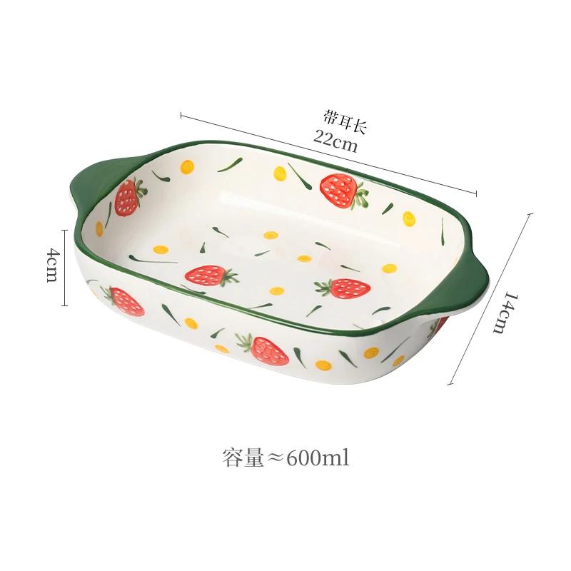 

Binaural Ceramic Rectangular Baking Plate Cheese Baked Rice Plate Household Salad Plate Cute Printed Baking Bowl Utensils зелёный