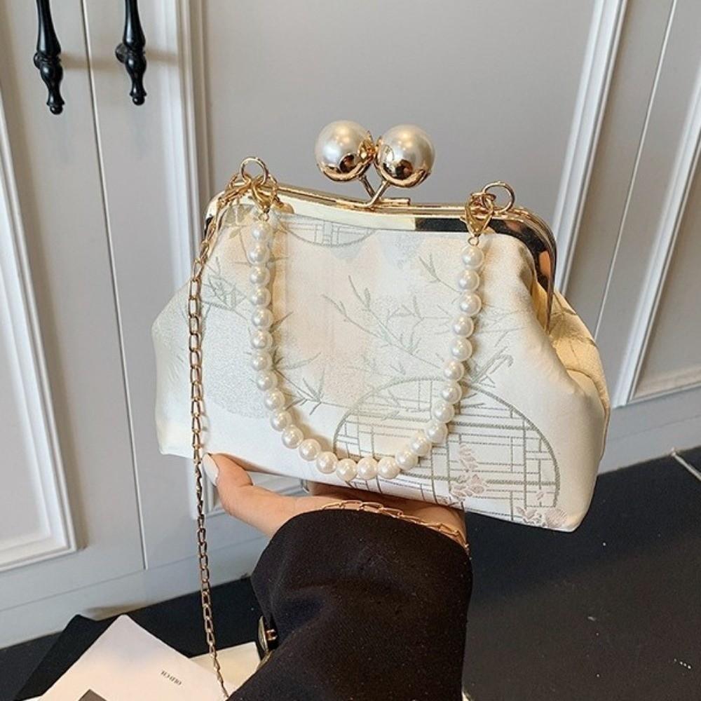 Embroidery Chinese Style Kiss Lock Handbag Faux Pearl Chain Silk Clutch Bag  Special Events