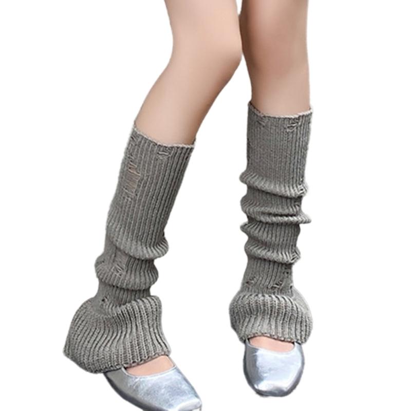 Polainas de Punto Acanalado Harajuku Huecas Desgastadas Agujeros Rasgados Cubre Piernas de Pierna Ancha Calcetines Largos Elásticos Acampanados para Mujer