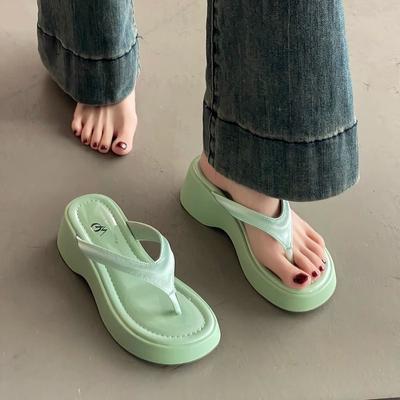 Simple Temperament Slope Heel Sandals Lotus Root Pink Round Head Toe Muffin Bottom Thick Bottom Women's Flip-flops Cool Slippers Outside Wear