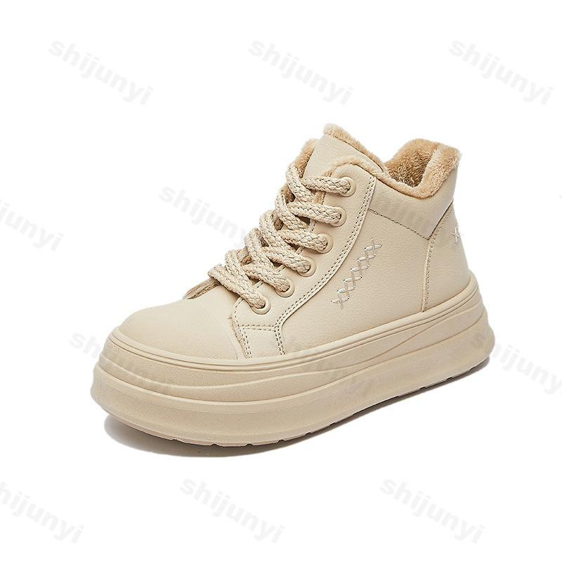 Winter New Women's Warm Plush Sneakers Trendy High Top Lace Up Thick Soled Cotton Shoes Outdoor Thicken Warm Non Slip Snow Boots