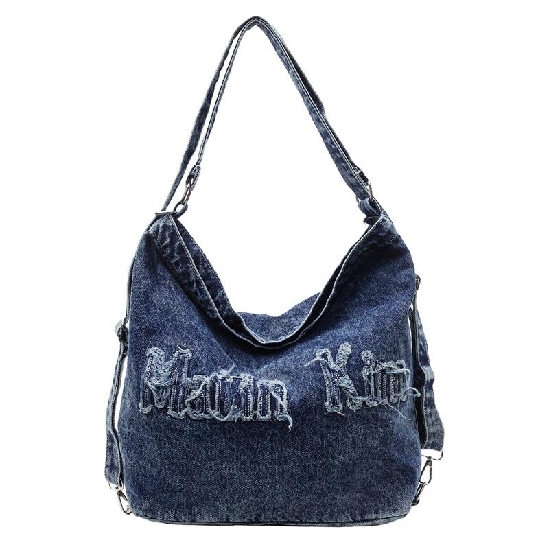 New retro rough edge washed embroidery letter denim tote bag large capacity shoulder bag women