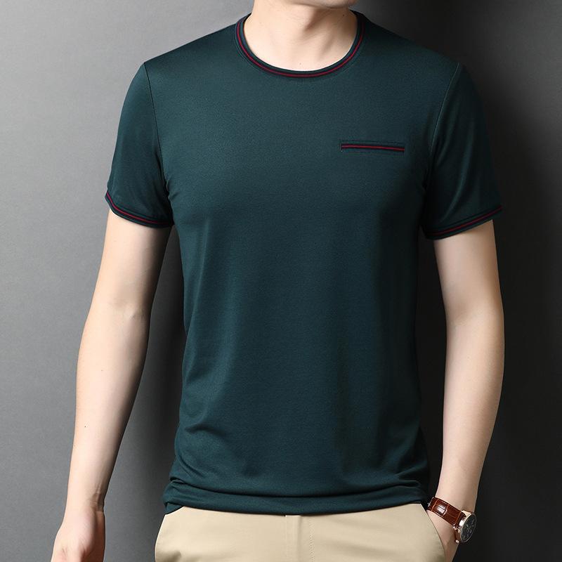 Summer Men's Mulberry Silk Thin Short-sleeved T-shirt Youth Edition Topstitch Fashion Pullover Mercerized Trendy Sweatshirt