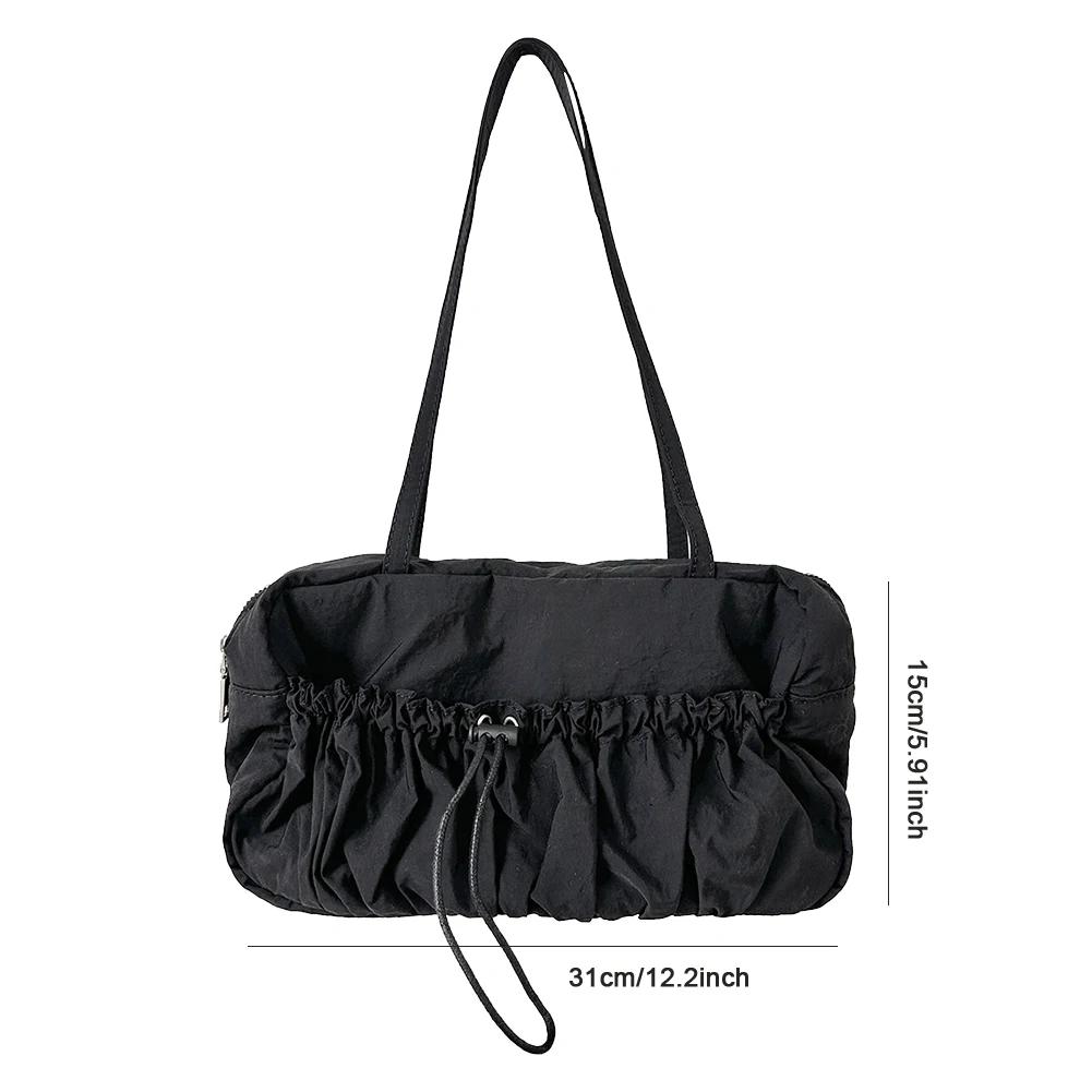 Women Pleated Shoulder Bag Multipurpose Drawstring Armpit Bag Casual Large Capacity Lightweight Slouchy Travel Bag