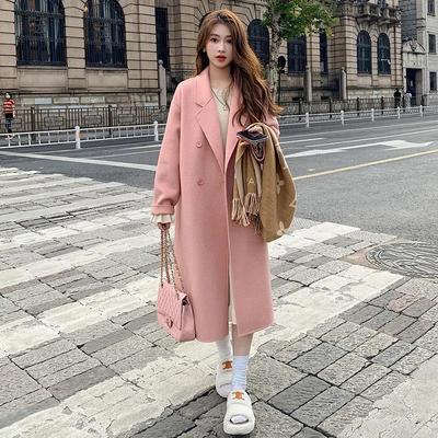 Damen Rosa Doppelseitiger Kaschmir Mantel Mittellang im Hepburn-Stil - 2025 Herbst/Winter Koreanische Mode