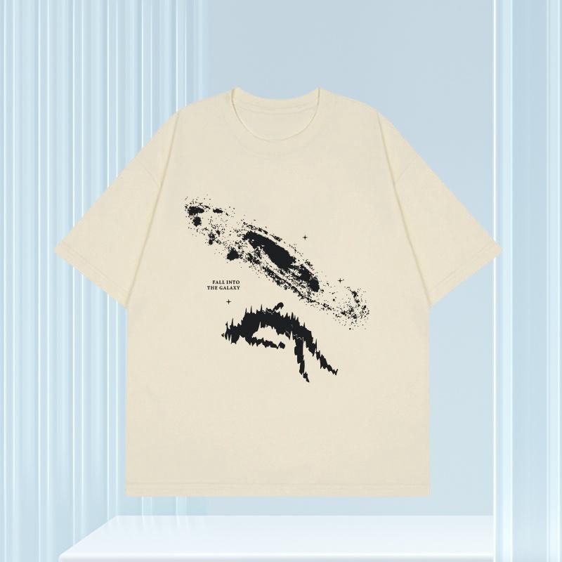 Fallen Space Abstract Design Foundation Versatile Light Luxury Short Sleeved Men's Pure Cotton Summer High Street T-shirt