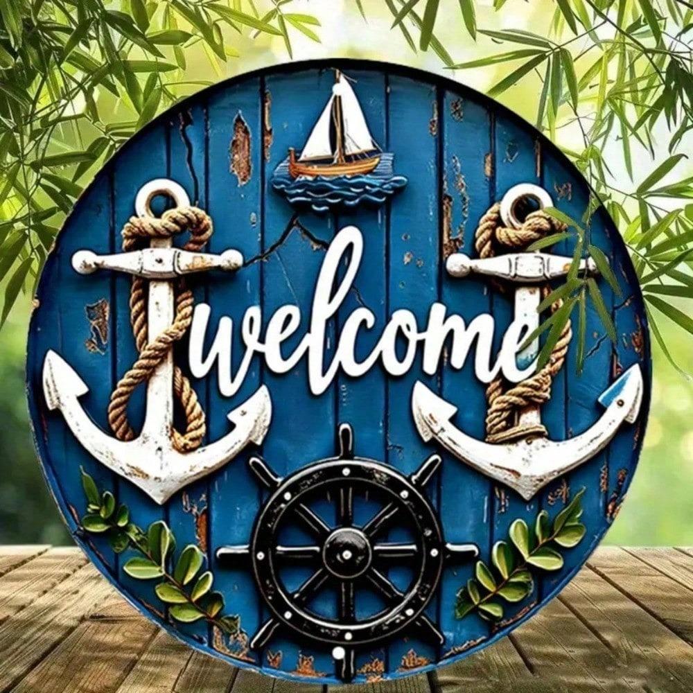 Vintage Nautical Metal Wall Art, 7.8" Round Ship Anchor Sailboat Sign, Coastal Home Decor