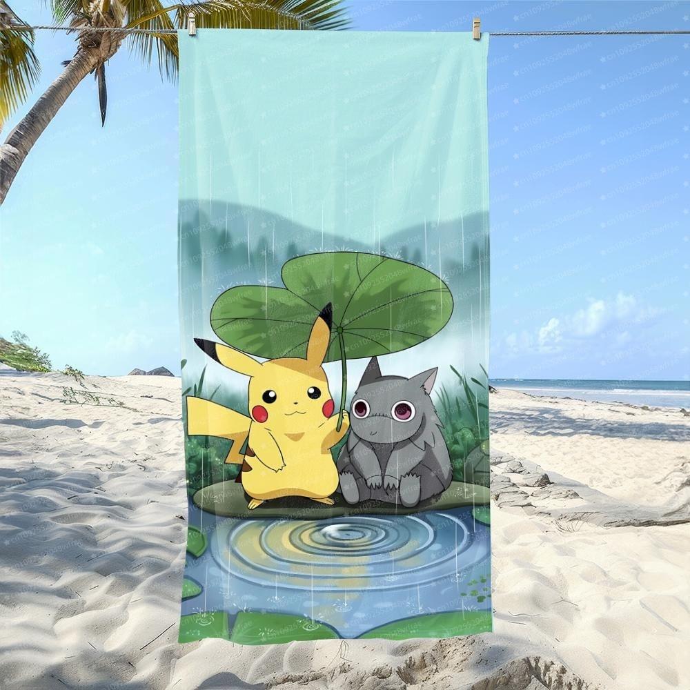 Pok É Mon Pikachu Printed Beach Towel Ultra-Fine Fiber Towel Children/Adults Quick Drying Absorbent Swimming Pool Towel