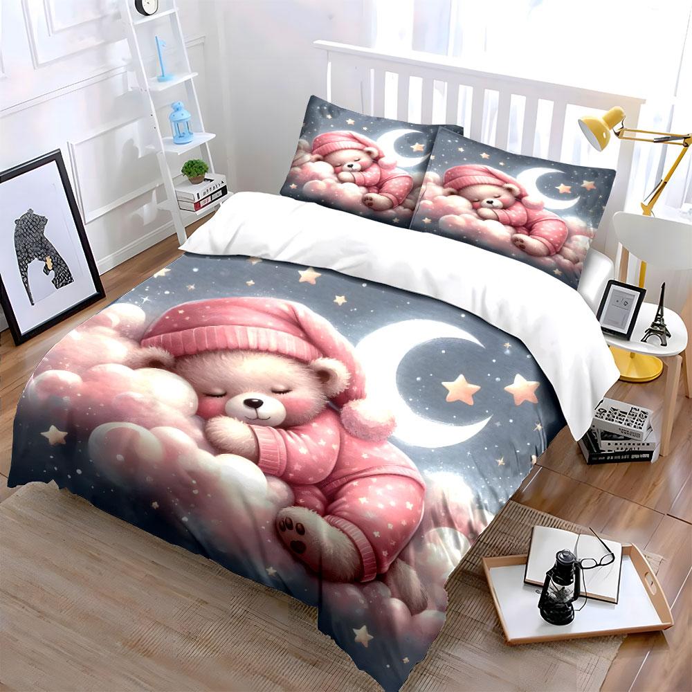 Cute Teddy bear sleeping on clouds Print Bedding Set 1 Duvet Cover 2 Pillowcases for Adult and Children Luxury Gift Full Size