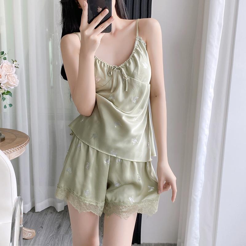 Internet celebrity pure sex summer suspender shorts set ice silk nightgown sexy silver butterfly thin simulation silk spring and autumn pajamas