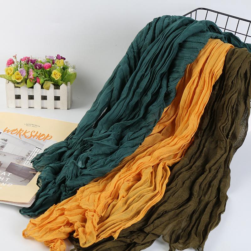 Solid Color Crinkle Cotton Linen Scarf New Warm Silk Pleated Green Retro Thin Long Strip Shawl Men And Women'S