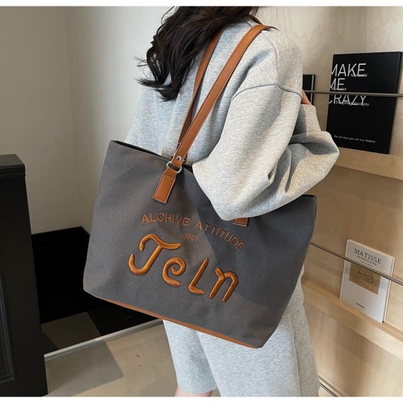 Canvas bag, letter embroidery tote bag, student commuting large capacity shoulder bag, literary shopping bag