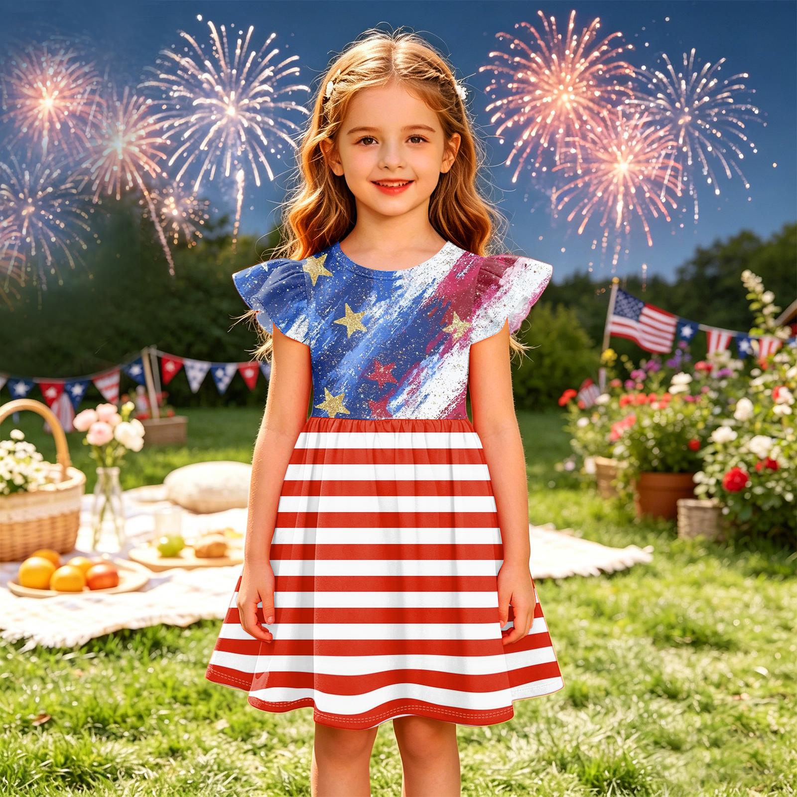 Girls Independence Day Dress Ruffle Sleeve Spliced Pattern Dress Casual Wear Lightweight Comfortable Fabric 140