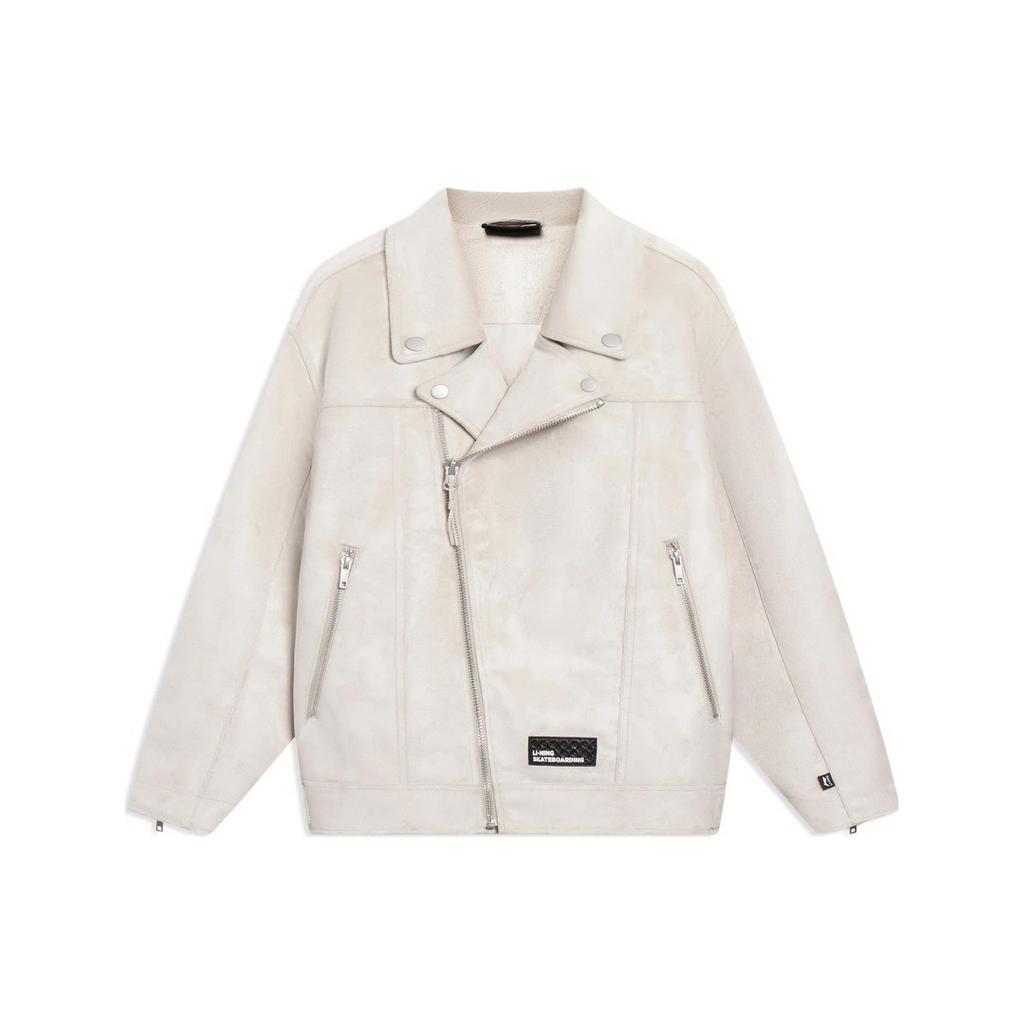 Li Ning Skateboard Series Letter Patch Casual Asymmetric Zipper Polo Long Sleeve Jacket Men Jackets Moonlight-Gray AFDT135-2