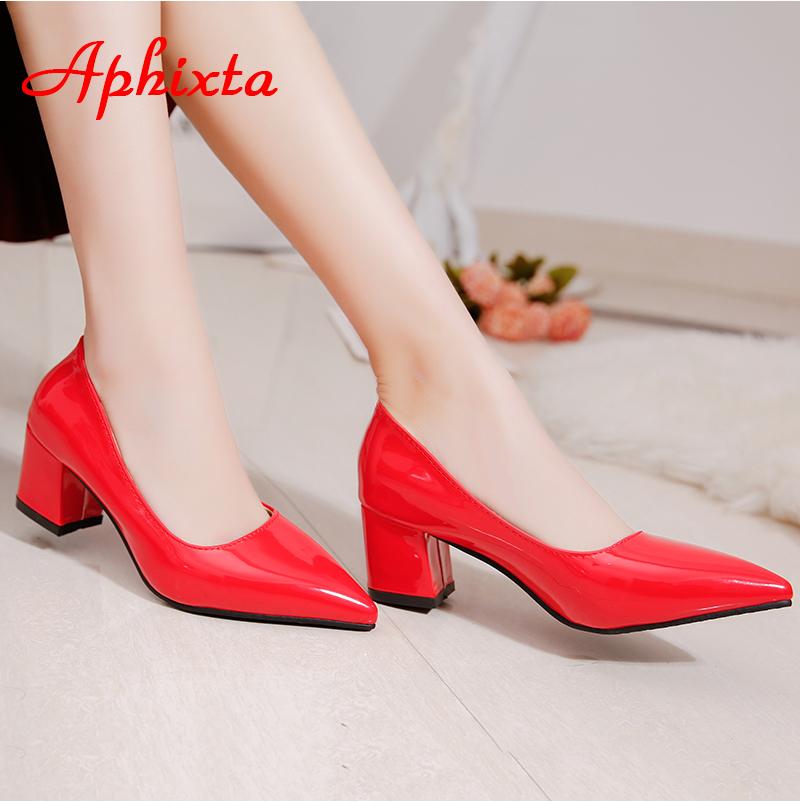 Fashion Aphixta 5cm Square Heels Patent Leather Red Pumps Shoes Woman Classics Pointed Toe Dress Official Pumps Party Plus Size 49 50