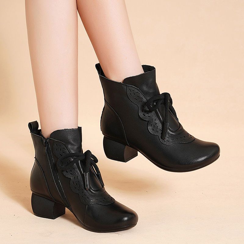 Fashion Elegant with Medium Heels Round Toe Ankle Boots for Women Leather Fleece-Lined Woman Short Shoes Autumn Winter New Rock Booties