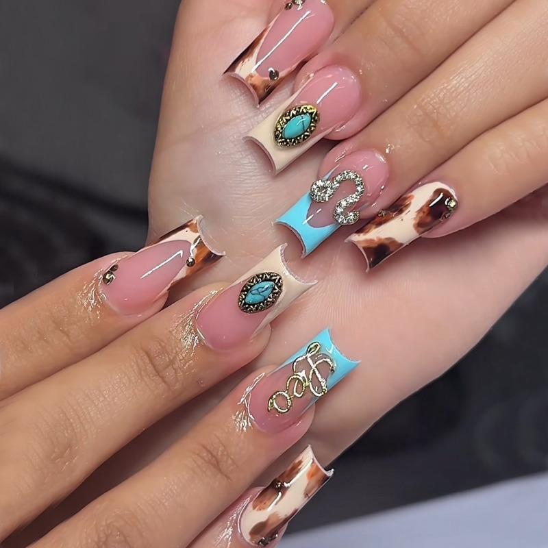 24PCS Sweet Cool Blue Medium Square False Nails Amber Smudging French Nail Tips with Rhinestone Press on Fake Nails Spice Girls