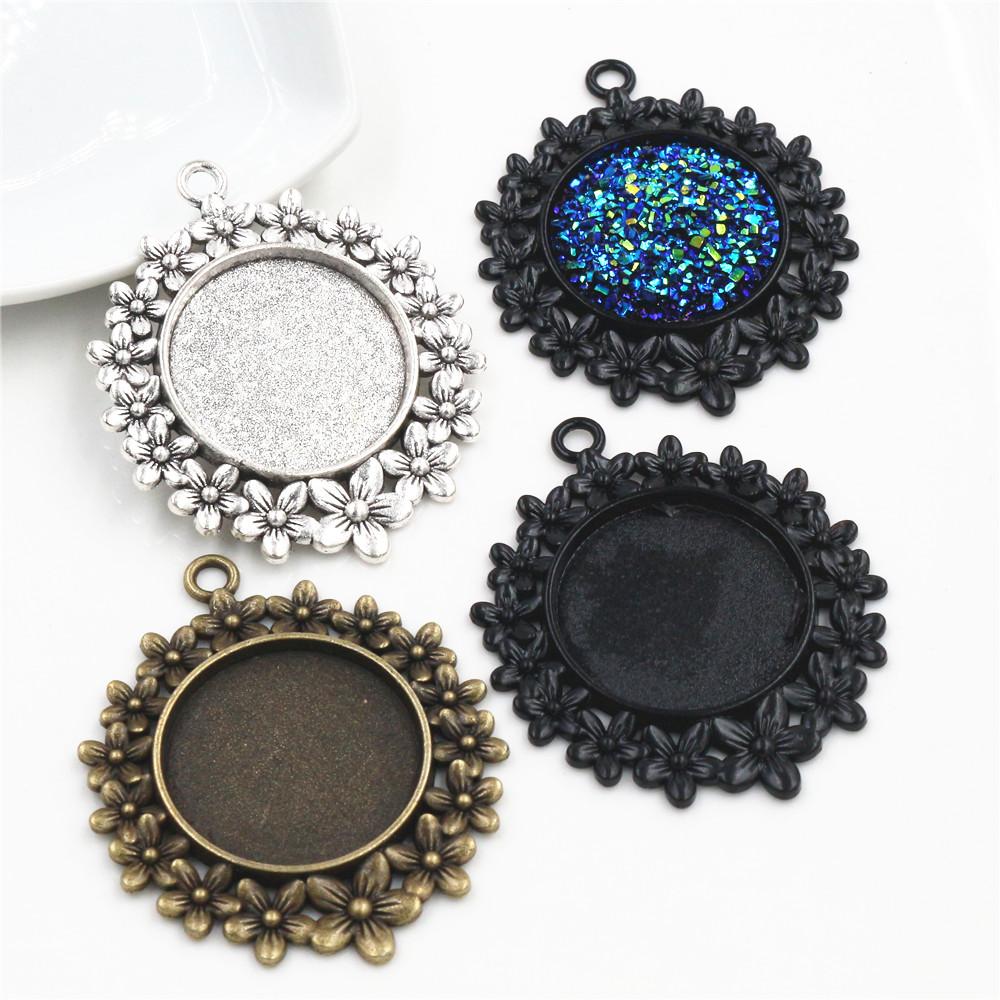 5pcs 25mm Inner Size Antique Silver Plated Bronze And Black Flowers Style Cabochon Base Setting Charms Pendant