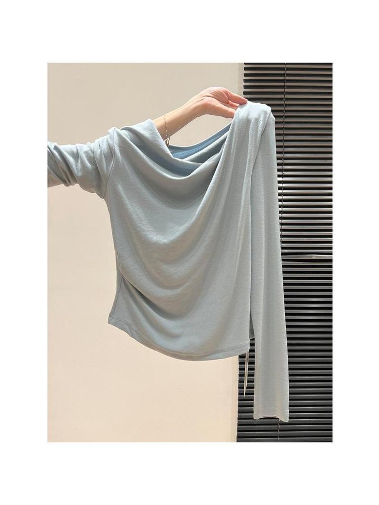 Women's Pink Asymmetrical Off-Shoulder Long-Sleeve T-Shirt - 2025 Autumn Slim-Fit