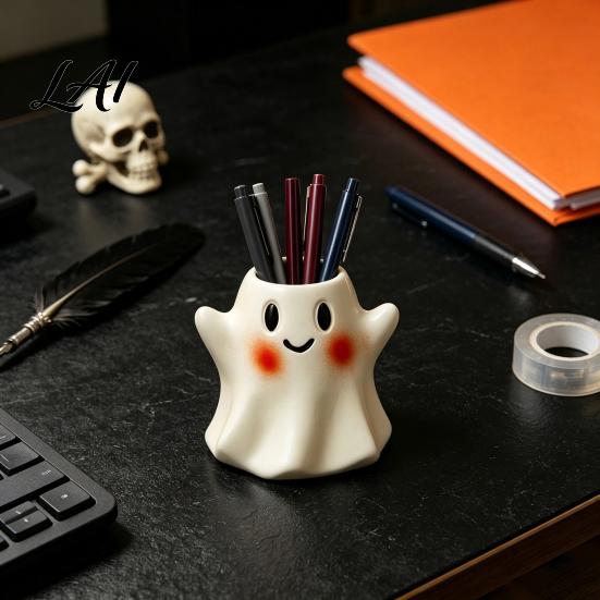 Funny Holiday Gifts for Friends Ghost/Skull Shape Pen Holder Resin Desktop Organizer Halloween Cute Ghost Cup Decorative Storage Container