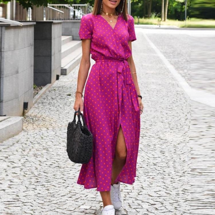 Women Sexy Elegant Casual Summer Beach Dress Floral Print Long Short Sleeve V Neck Split Lace Up Dress Vestidos