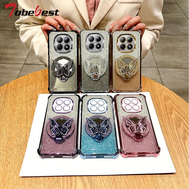 Glitter Shockproof Plating Butterfly Mirror Bracelet Case For Xiaomi Redmi Note 15 15C 14 14C 13 13C 12 11 Pro Plus 4G 5G Cover