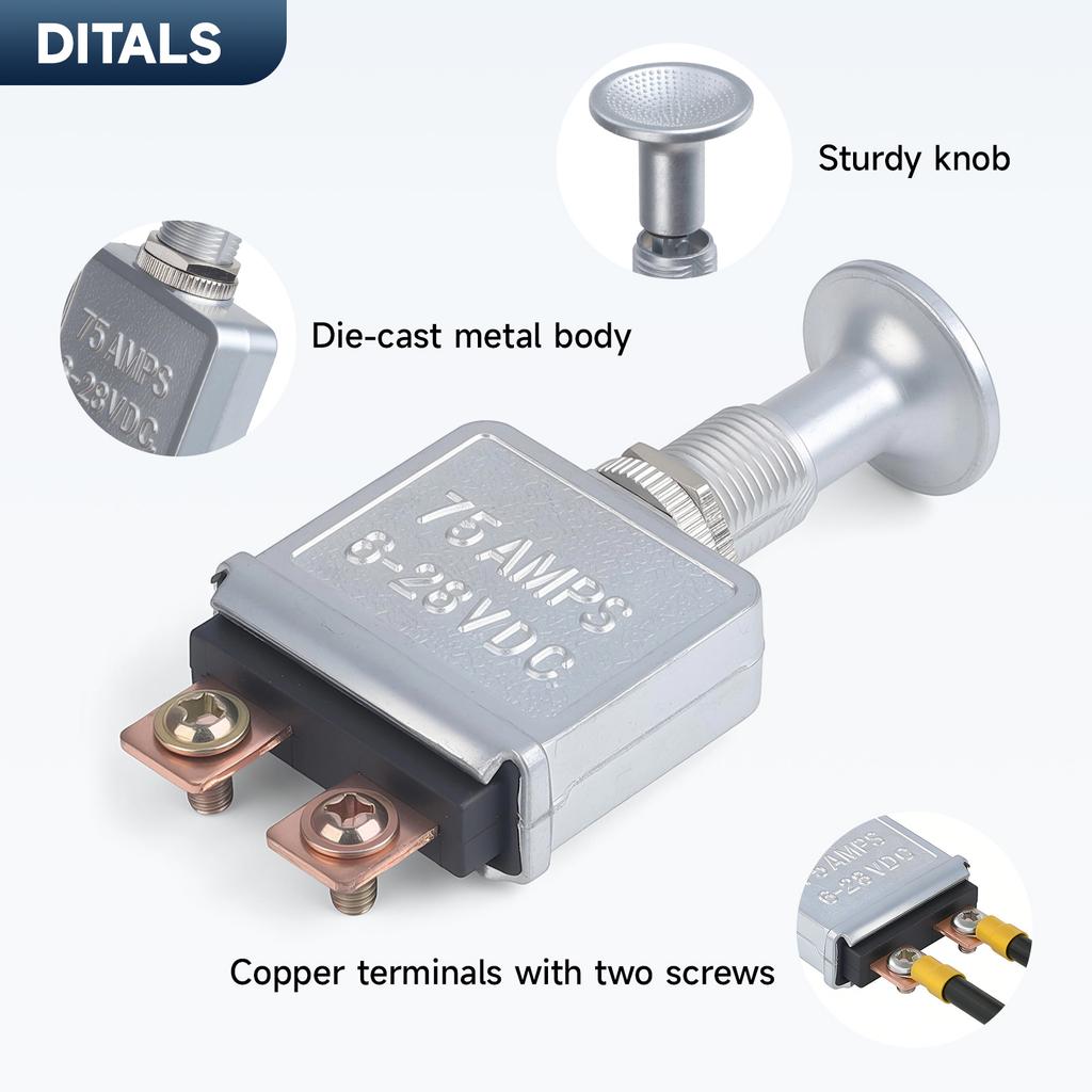 Heavy Duty Push-Pull On/Off Switch 75 AMP 6-28V DC 2 Position SPST Silver Zink Alloy For Truck Tractor Agricultural Vehicle