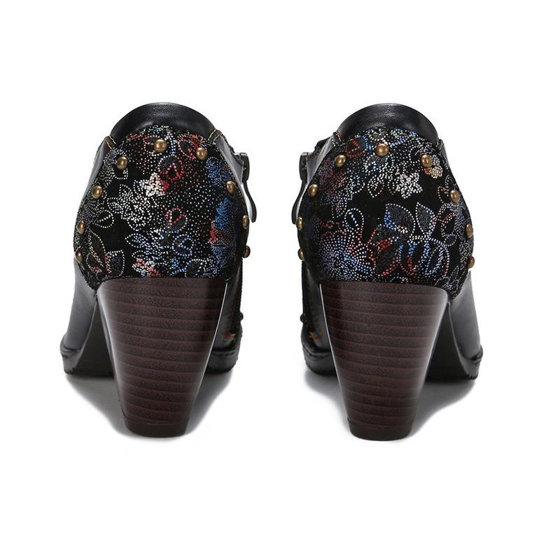 Johnature Genuine Leather Ethnic Style Pumps Women Shoes Handmade Fashion Rivet Side Zipper High Heels Ladies Shoes