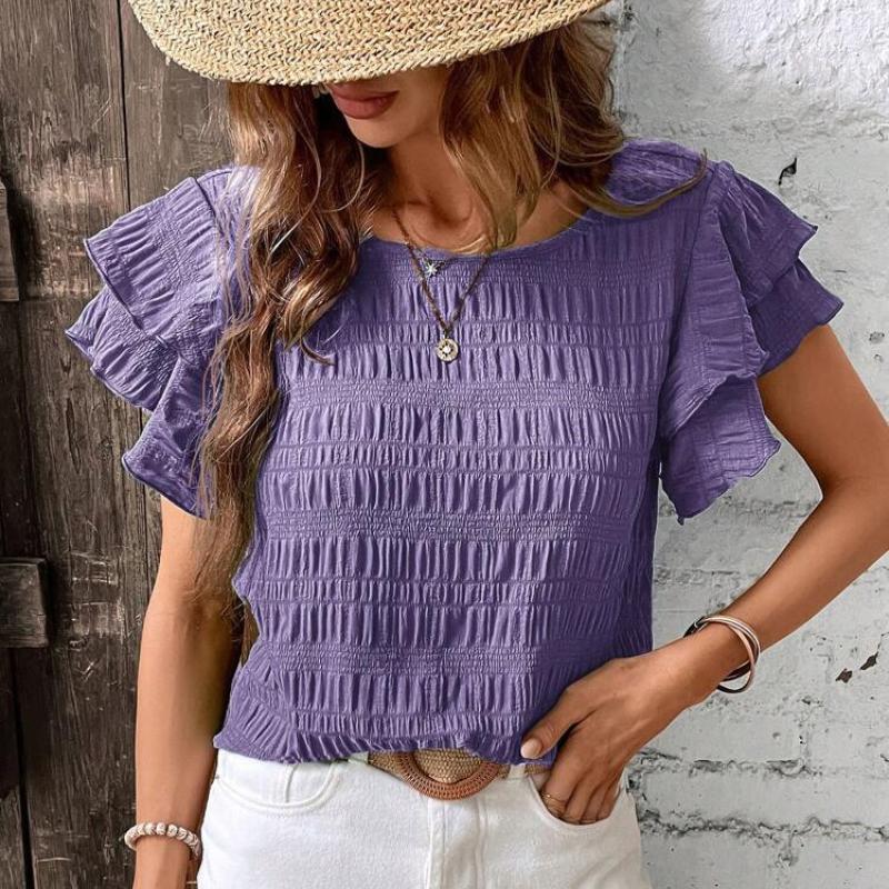 Letní Nové Tričko s Kulatým Výstřihem a Volánovými Rukávy Casual Top pro Ženy Módní Elegantní Vintage Plisované Dámské Volné Halenky Dovolená Slim Dámská Košile 26487