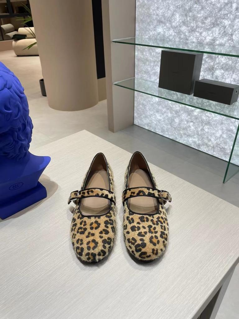 Sheepskin Version~ Korean Version of Niche Leopard Print Leather One-word Buckle Single Shoes Women's Flat Grandma Shoes Ballet Mary Jane Shoes