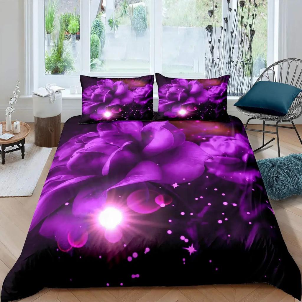 Purple Rose King Queen Duvet Cover Beautiful Butterflies Flowers Bedding Set For Teen Adults Floral 2/3Pcs Polyester Quilt Cover