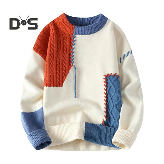 

Мужской зимний свитер с нерегулярным цветным дизайном, лоскутный круглый вырез, трикотажный свободный, с длинными рукавами, толстый спортивный свитер для повседневной носки L оранжевый