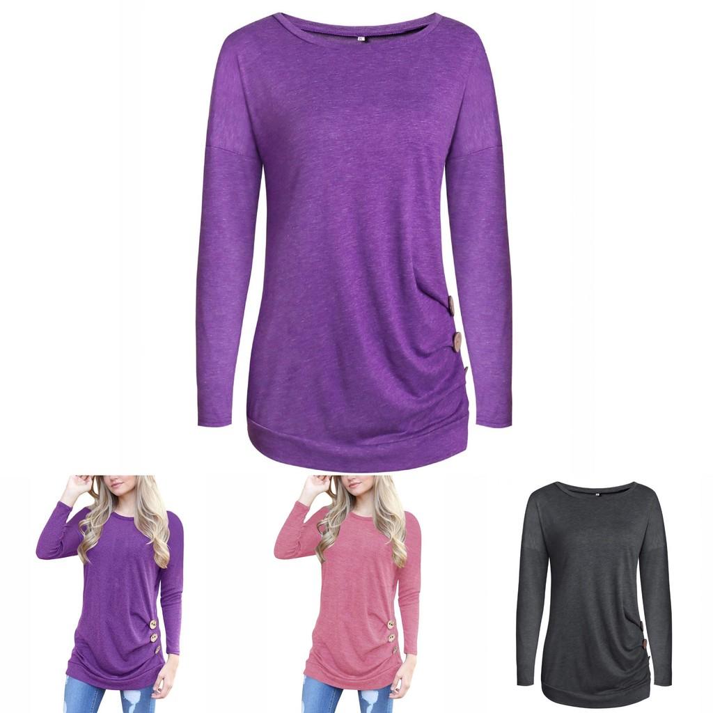 Stylish Long-sleeve Button Detail T-shirt For Women In Various Colors And Sizes