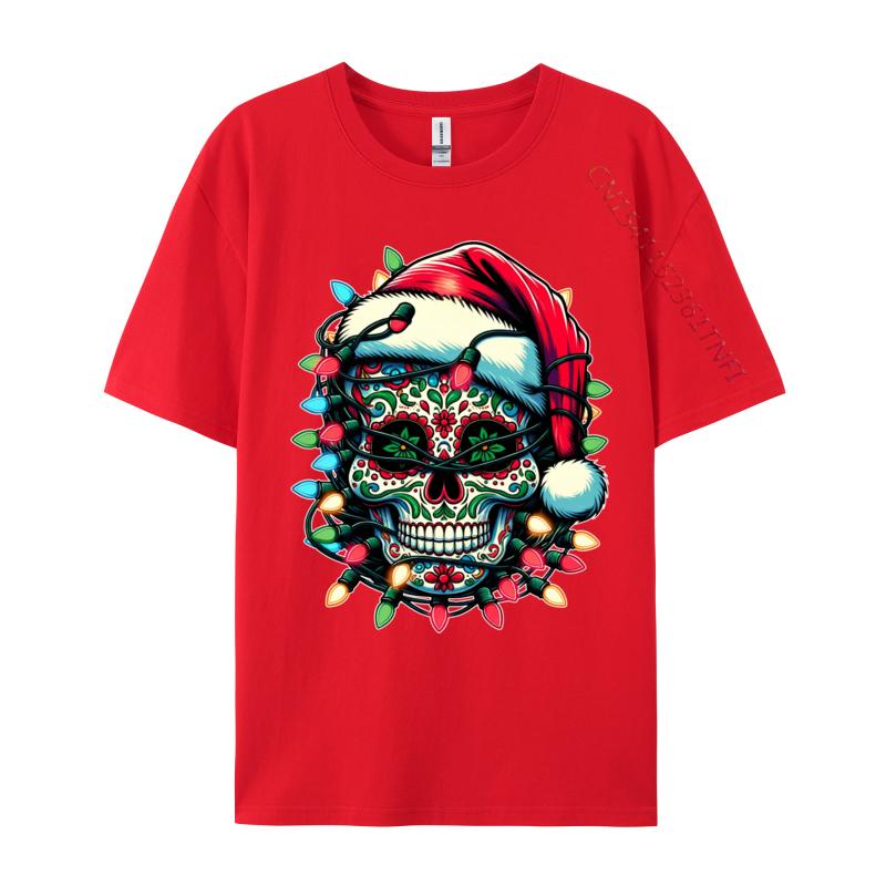 Weihnachten Zuckerschädel Weihnachtsmannmütze Lichter Tag der Toten X-Mas T-Shirts Herren T-Shirt Tops Baumwolle Oversized T-Shirt Herren Kleidung