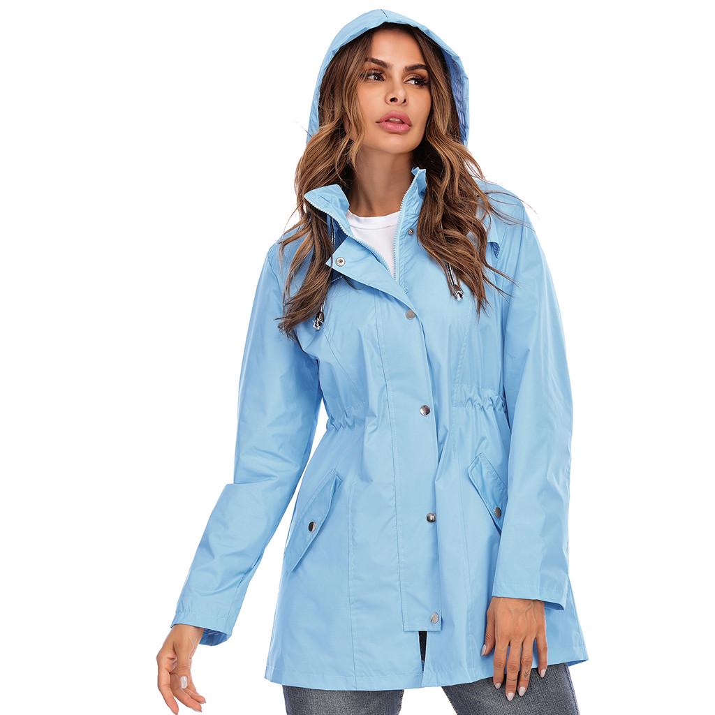 Women Hooded Waterproof Zipper Mid-length Windproof Waterproof Raincoat Jacket