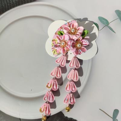 Yousheng Fan Style Hairpin with Flowers Bells Faux Pearls Decor Japanese Kimono Ancient Style Hair Clip Hair Accessories