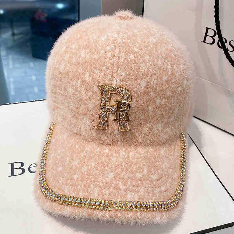 Hat Women's Autumn and Winter Versatile Trend Rhinestone Alphabet Baseball Cap Fashion Plush Warm Cap Women's Winter