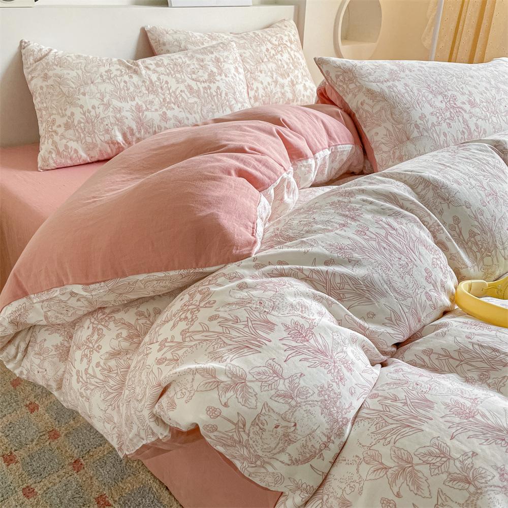 Pure Cotton Class A Maternal And Infant Grade Double-Layer Yarn Four-Piece Set, Summer Breathable Small Floral Dormitory Can Be Washed Without Pilling