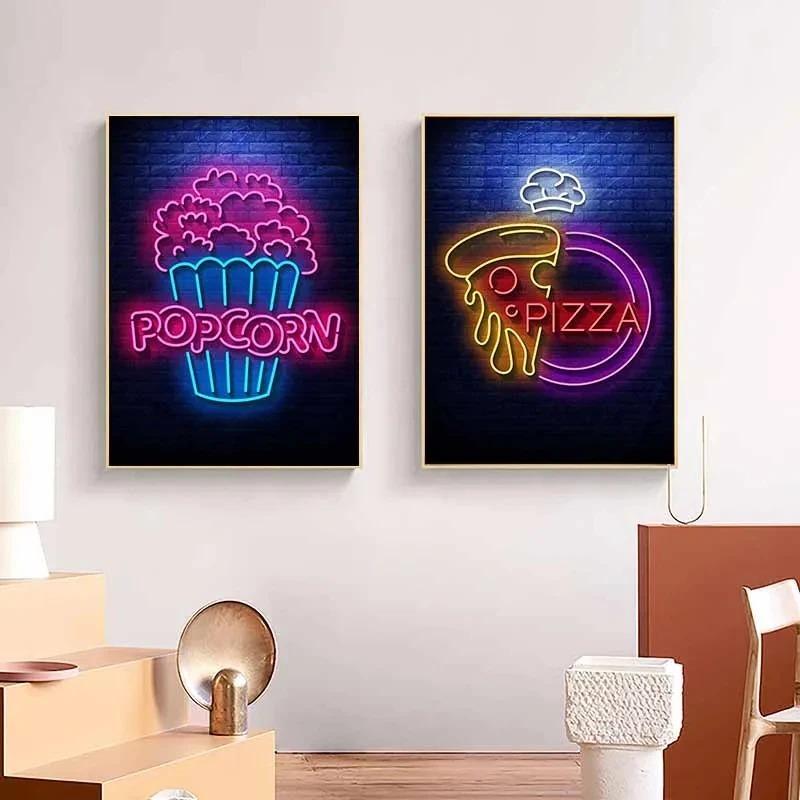 Neon Essen Nudeln Sushi Pizza Popcorn Bier Schild Poster Leinwand Malerei Drucke Wandkunst Bilder Bar Restaurant Heimdekor KEIN LED