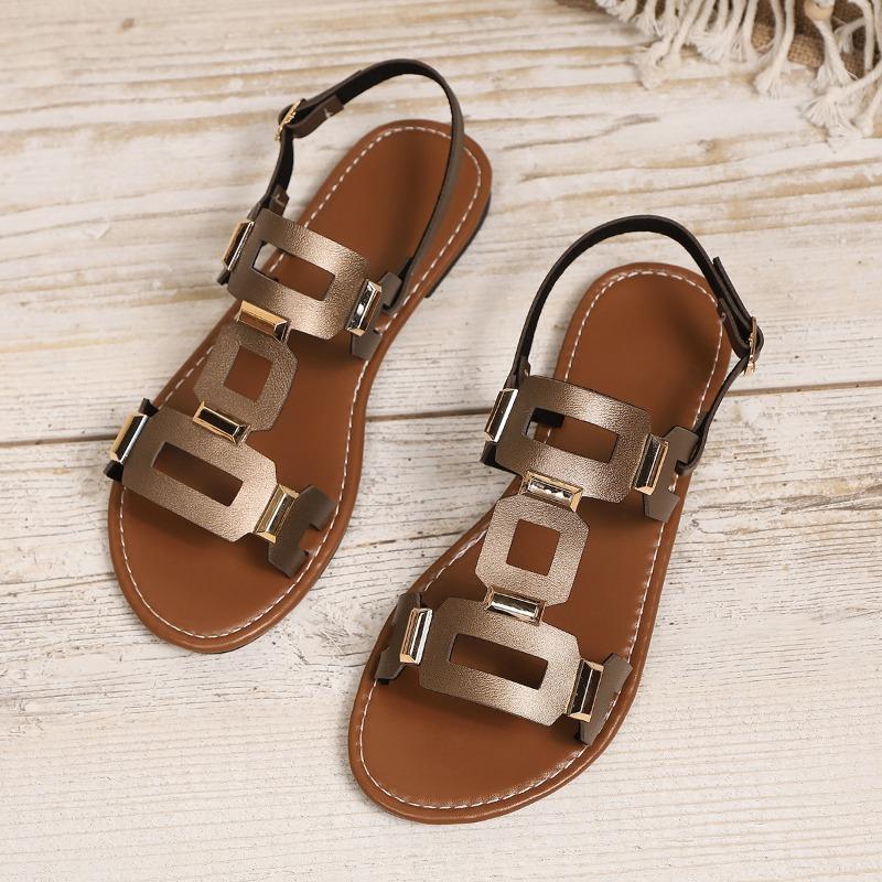 Women's shoes belt buckle flat-bottomed hollow sandals women's fashion versatile outer wear solid color beach sandals