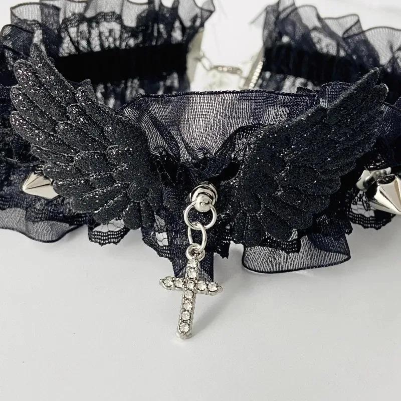 Punk Solid Women Girls Y2K Necklace Wide Lace Rivets Choker Angel Wings Cool Leather Necklace Daily Wear