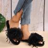 Thicken Warm Long Plush Strap Slides Women 2025 Winter Open Toe Flat Heel Indoor Slippers Soft Sole Faux Fur Slippers