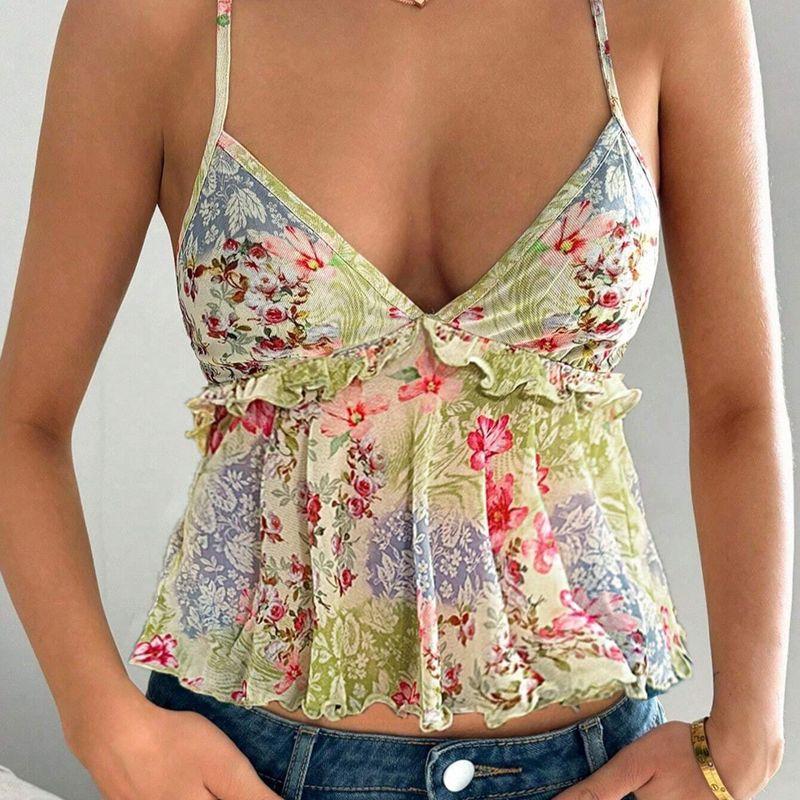 Summer New Arrival Printed Sexy Halter Spaghetti Straps Stylish Wooden Ear Tie-Dye Sexy French Tops