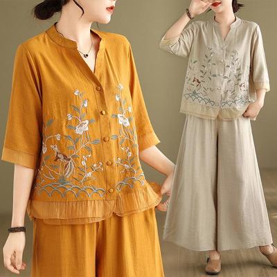 Summer 2 Two Piece Set Women Floral Embroidery Fashion Ladies Blouses Elastic Waist Fashion Loose Pleated Woman Wide Leg Pants