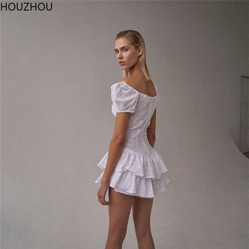 Hollow Black Dress Women V Neck Ruffles Pleated Dress Puff Sleeve Chic Black Summer Party Dress French Vintage Corset Ladies