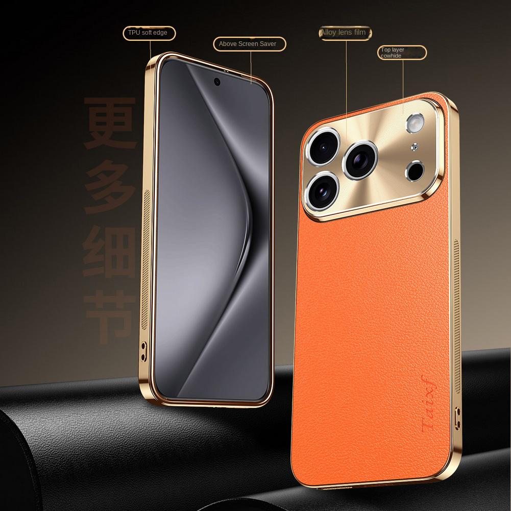 First Layer of Cowhide Lychee Texture Electroplated Frame Case For iPhone 17 Pro Max Air 16e 16 15 Pro 14 13 Lens Protect Cover